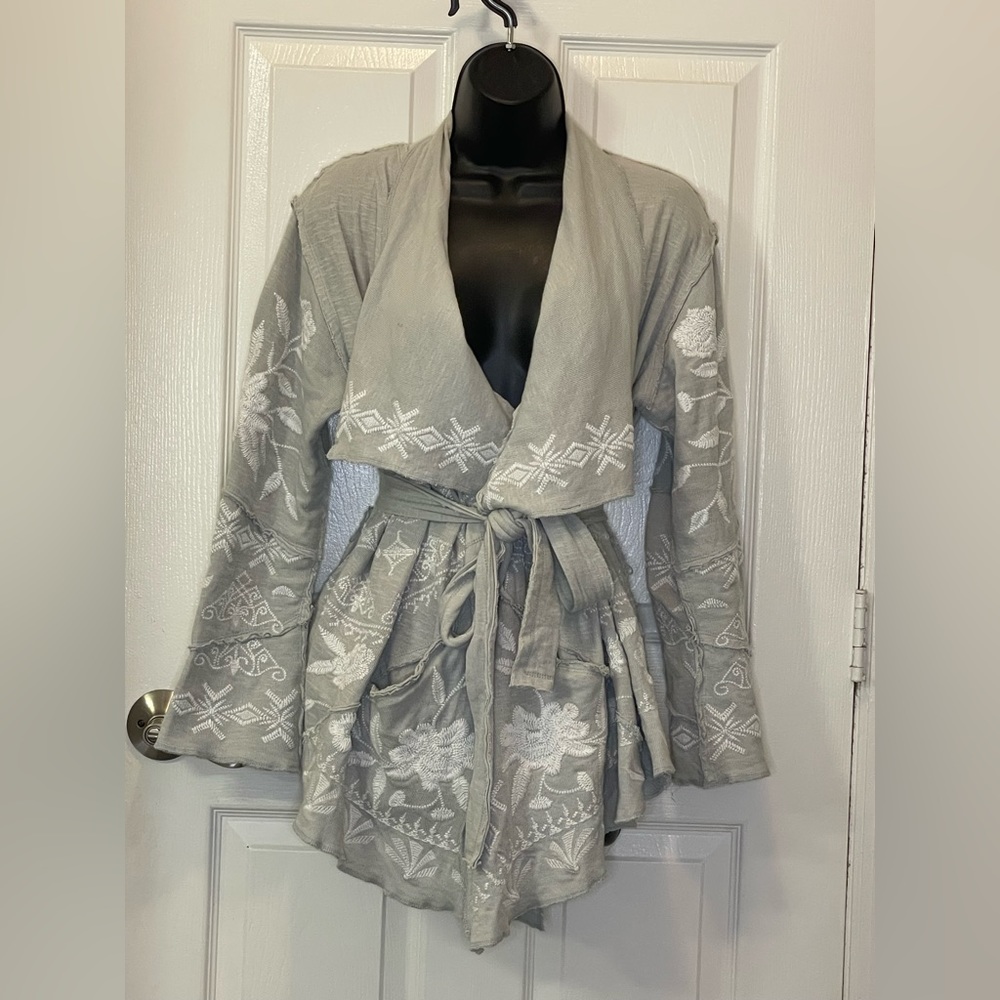 Caite brand jacket with vintage inspired embroidery.